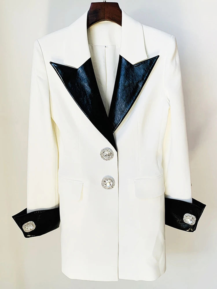 Leather Stitched Diamond Button Full Sleeve Ladies Blazer Contrast Party Coat Fashion Women Long Suit Jackets