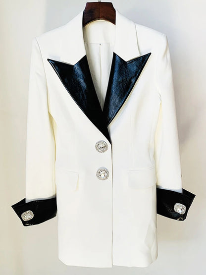Leather Stitched Diamond Button Full Sleeve Ladies Blazer Contrast Party Coat Fashion Women Long Suit Jackets