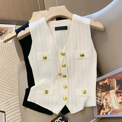 V-neck ice silk knitted vest women's summer new style French chic slim fit sleeveless top