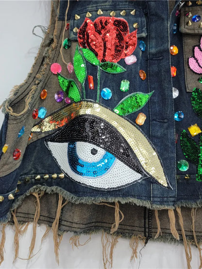 Vintage Lapel Single Breasted Sequin Diamond Flower Loose Contrasting Denim Vest Jackets Women Spring Summer
