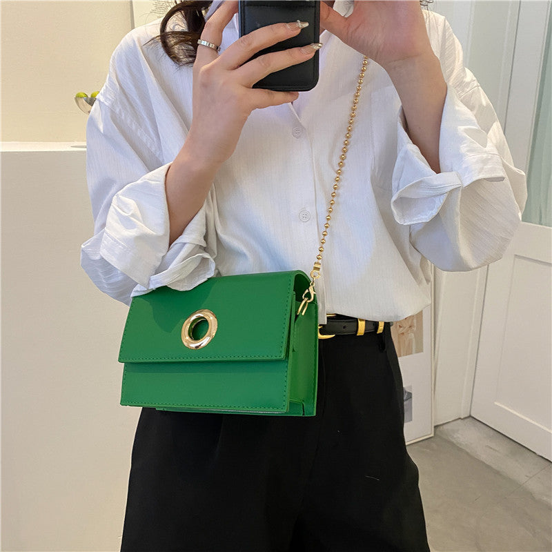 Texture Chain Western Style Ladies Bag Round Hole Small Square Bag Female Summer New Simple Hong Kong Style Messenger Bag
