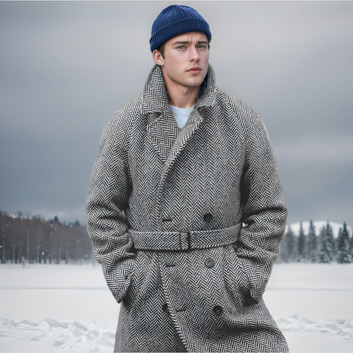 Fall Winter Men Mid-length Woolen Plaid Double Breasted Cotton Padded