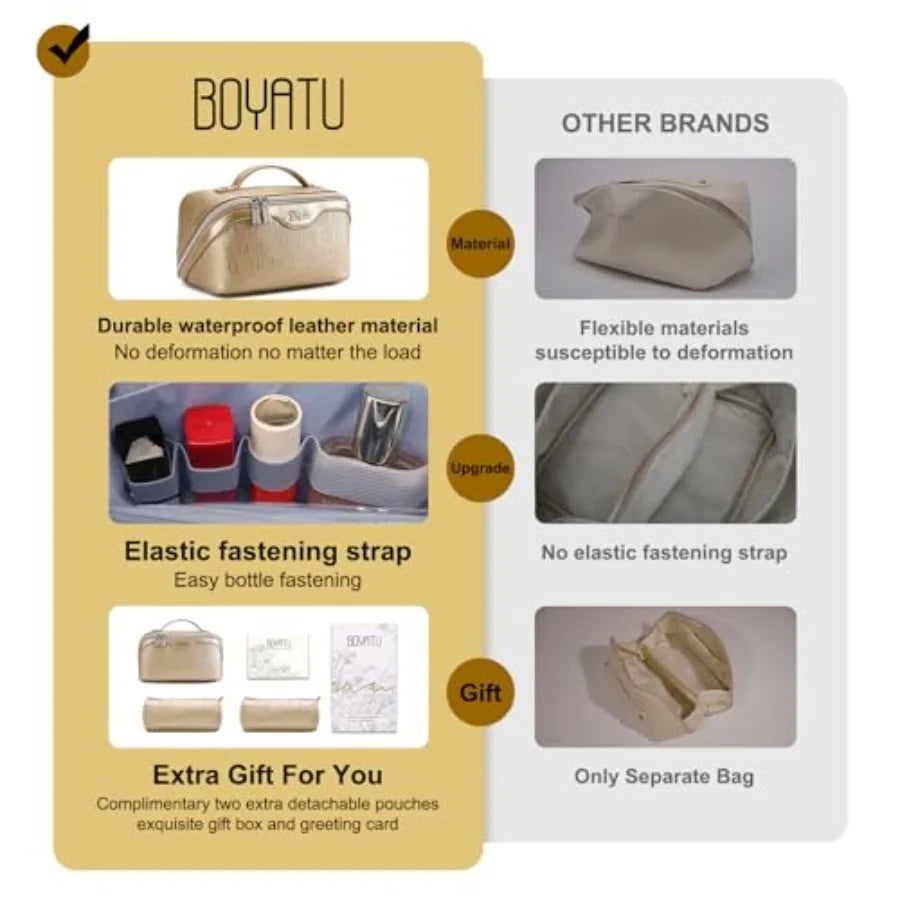 Travel Makeup Bag for Women: Cosmetic Organizer Bag with Compartments - Leather Make up Bags Set of 3