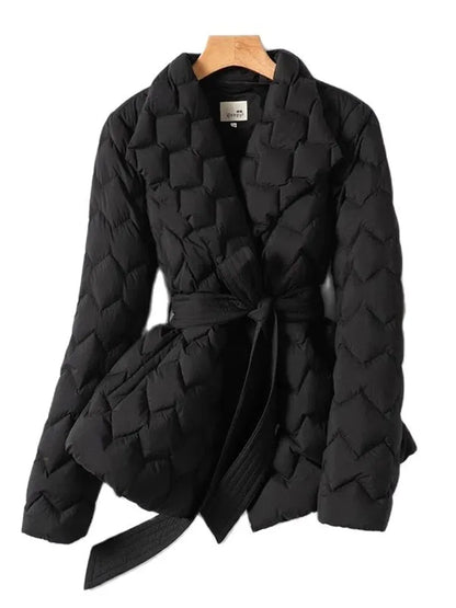 Winter New Lightweight Down Jacket with Belt Women Elegant Tie Belt Long Cotton White Duck Down Parka Female Ladies Jackets