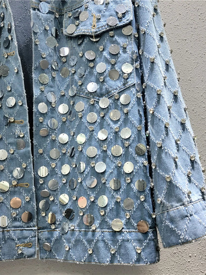 Women's Denim Coat Diamond Shape Rhinestone Sequins Single Breasted Do Old Blue Jackets  Summer New Fashion