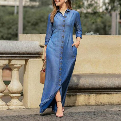 European And American Denim Dress New Shirt Collar Denim Button Dress For Ladies