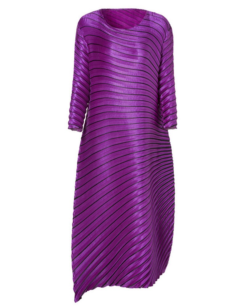 LANMREM Striped Pleated Dress For Women Round Neck Irregular Loose Elegant Clothing Ladies Party Fashion Spring New 2R9688