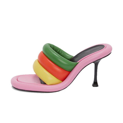 Genuine Leather Thin High Heel Slippers Women Mixed Color Open Toe Roman Style Sandals Ladies Sexy Party Dress Shoes