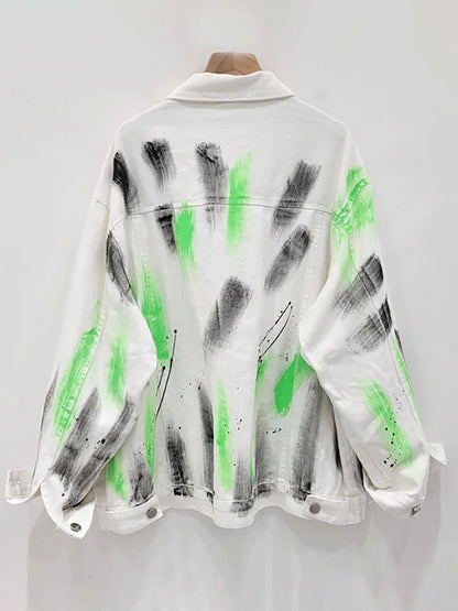 Women's Denim Jackets Single Breasted Lapel Contrast Color Graffiti Ink Splashing Coats Summer New Fashion