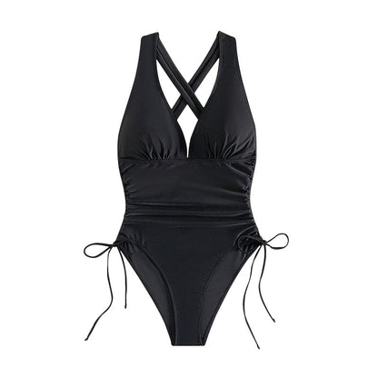 Solid Color V-Neck Tummy-Covering Conservative One-Piece Swimsuit