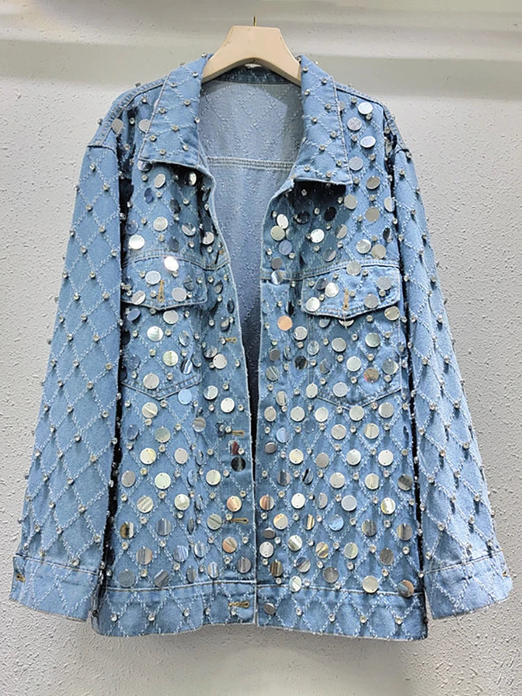 Women's Denim Coat Diamond Shape Rhinestone Sequins Single Breasted Do Old Blue Jackets  Summer New Fashion