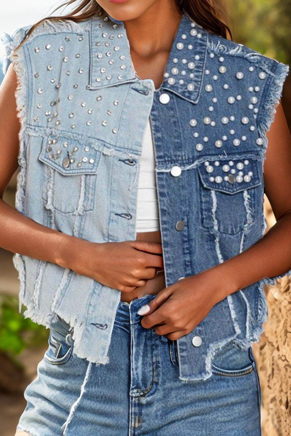 Pearl Raw Hem Sleeveless Denim Jacket for Women Stylish