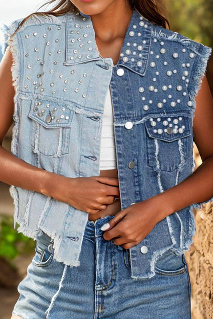 Pearl Raw Hem Sleeveless Denim Jacket for Women Stylish
