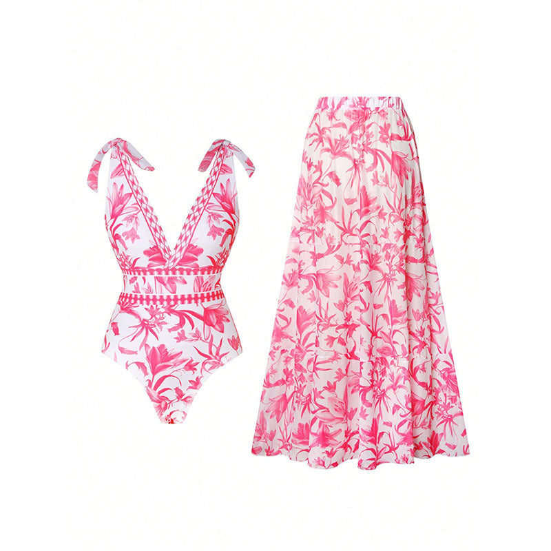V-Neck Printed Bikini Set for Women, Two-Piece Swimwear with Beach Dress Style