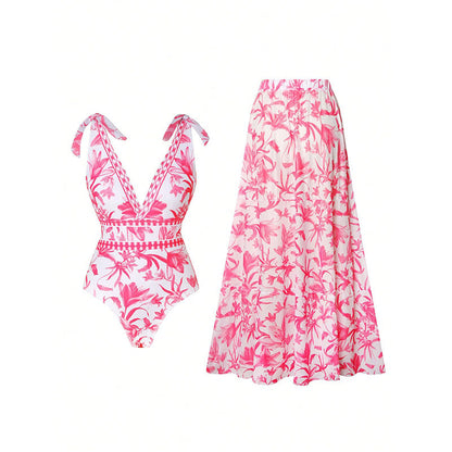 V-Neck Printed Bikini Set for Women, Two-Piece Swimwear with Beach Dress Style