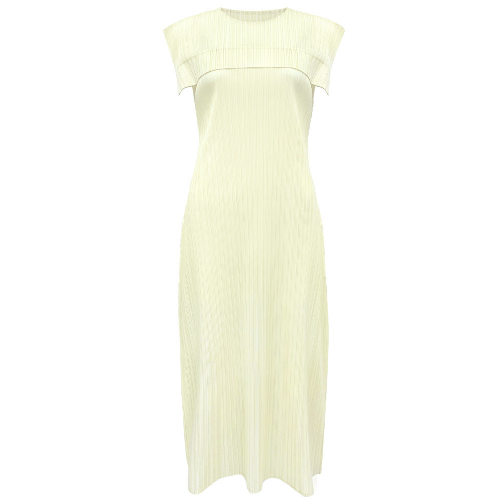 Ladies summer simple loose sleeveless pleated waistcoat round neck mid-length dress