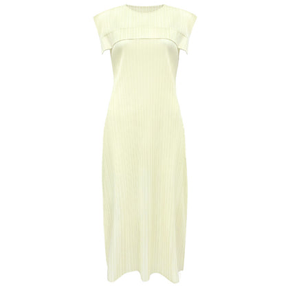 Ladies summer simple loose sleeveless pleated waistcoat round neck mid-length dress