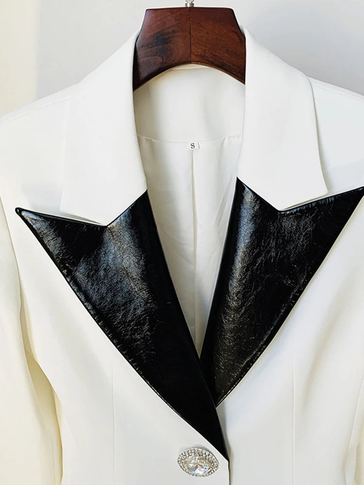 Leather Stitched Diamond Button Full Sleeve Ladies Blazer Contrast Party Coat Fashion Women Long Suit Jackets