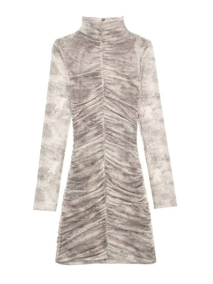 Women Elegant Pleated Tulle Print Dress 2023 Spring Street Slim Long Sleeve Dresses Fashion Office Ladies Back Zipper Vestidos
