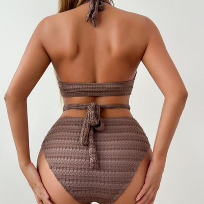 Texture brown hanging neck two-piece swimsuit set
