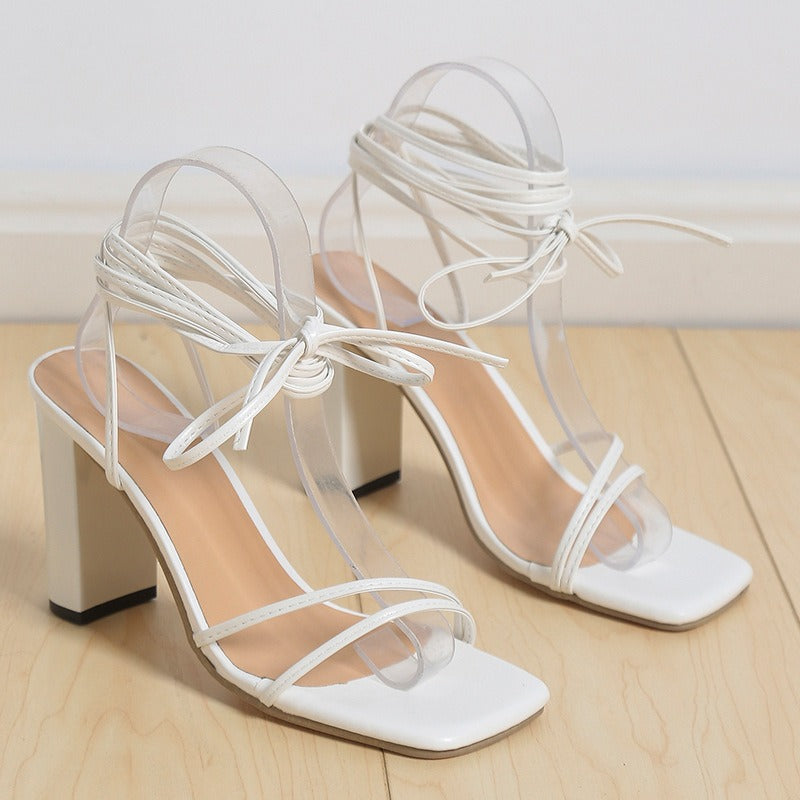 Cross Bandage High Heels Sandals Women Summer Fashion Lace-Up High Heels Peep Toe Shoes Female Square Heel Ladies Sandals