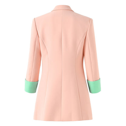 Splicing jacket for women spring and summer seven quarter sleeved suit jacket pink single breasted jacket commuting jacket