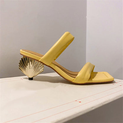 Metal Scalloped Heel Design Ladies High Heel Slippers Square toe Monster Heel Slippers Fashion Summer Party Slippers