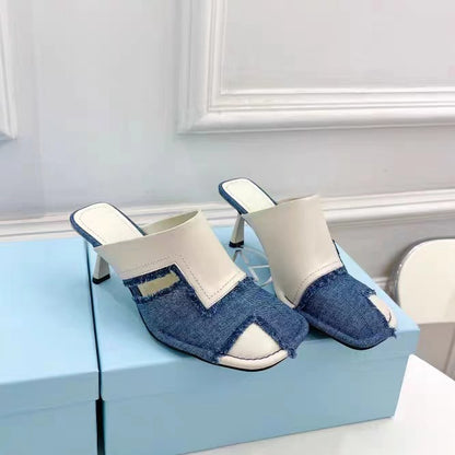 Brand Ladies High Heel Slippers Square Toe Formal Dress Shoes Leahter Patchwork Denim Sandals Summer Party Shoes Women
