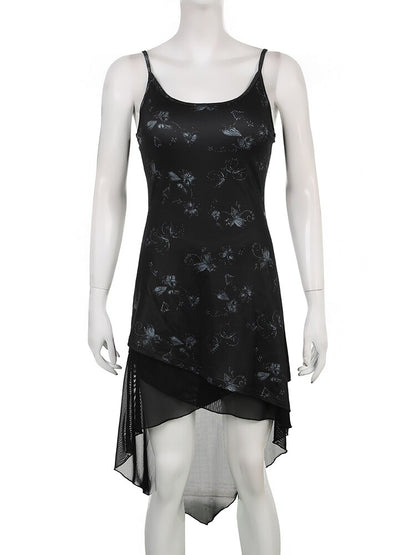 IAMSURE Dark Mesh Slim Floral Dress Vintage Gothic Sleeveless Mini Dresses For Women Summer Fashion Streetwear Ladies
