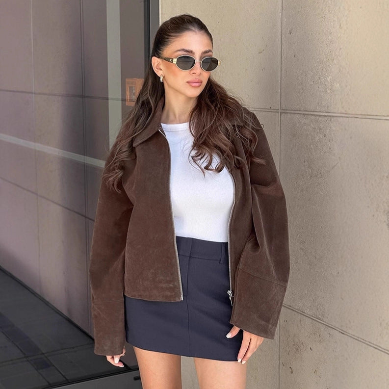 Vintage Mocha Brown Suede Jacket Women's Loose Notched Lapel Design Sense Ladies' Outerwear