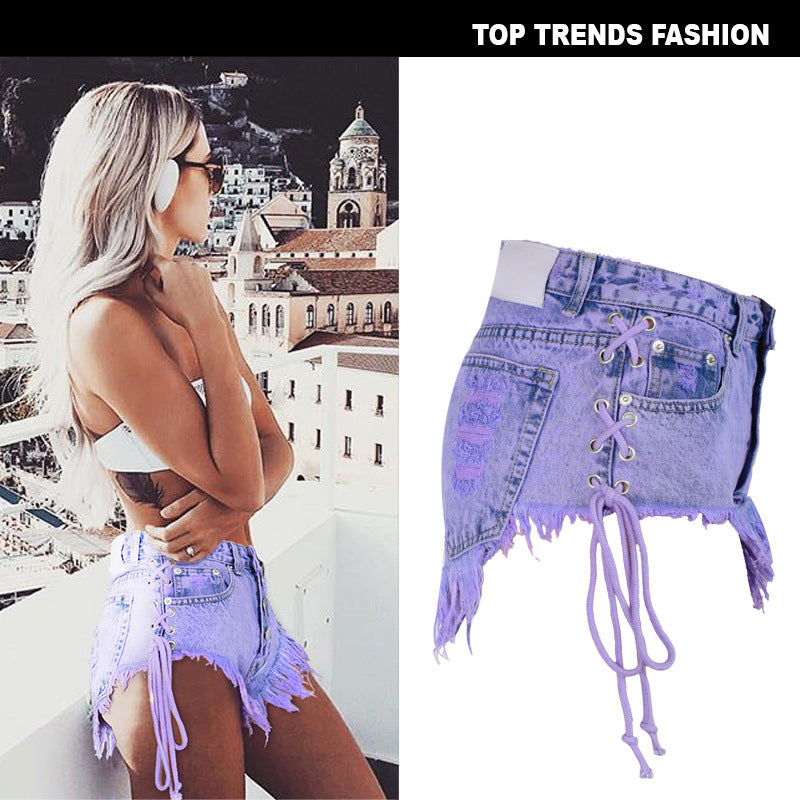 Women's Summer High Waist Breasted Frayed Double Side Straps Ladies Macaron Purple Denim Hot Pants