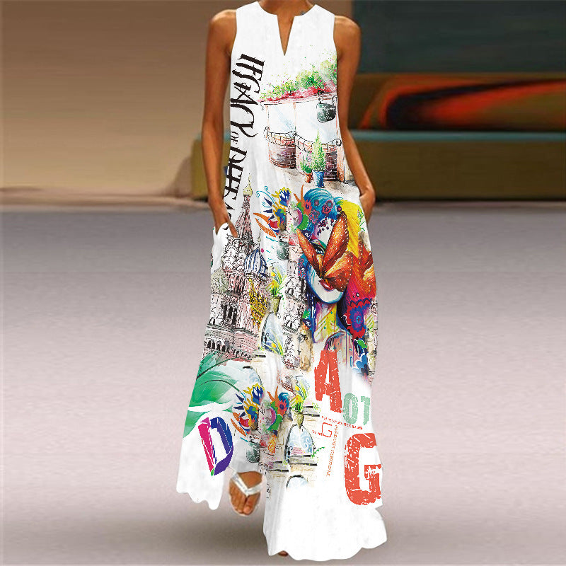 New Ladies Vintage Print Long Dress V-Neck Sleeveless Pocket Summer Sexy Dress