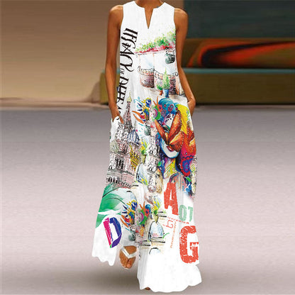 New Ladies Vintage Print Long Dress V-Neck Sleeveless Pocket Summer Sexy Dress