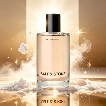 Long-Lasting Saffron & Cedar Unisex Perfume: Salt & Stone, Warm Woody Spicy Scent, Tall Clear Glass Bottle with Matte Black Cap, Minimalist Fragrance for Men and Women, 100ml