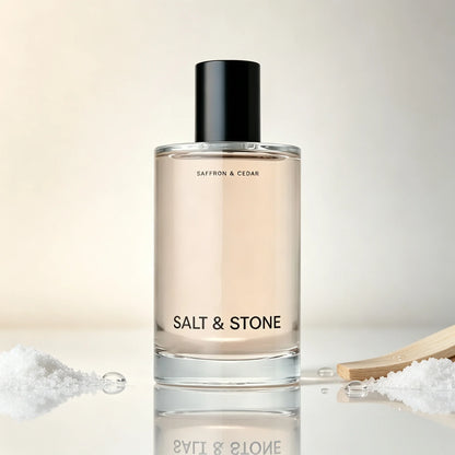 Long-Lasting Saffron & Cedar Unisex Perfume: Salt & Stone, Warm Woody Spicy Scent, Tall Clear Glass Bottle with Matte Black Cap, Minimalist Fragrance for Men and Women, 100ml