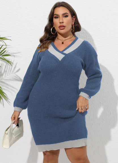 Ladies' Knitted Dress, Plus Size, Woven Knit, V-Neck, Color-block Splicing, Bodycon Silhouette, Sweater Dress