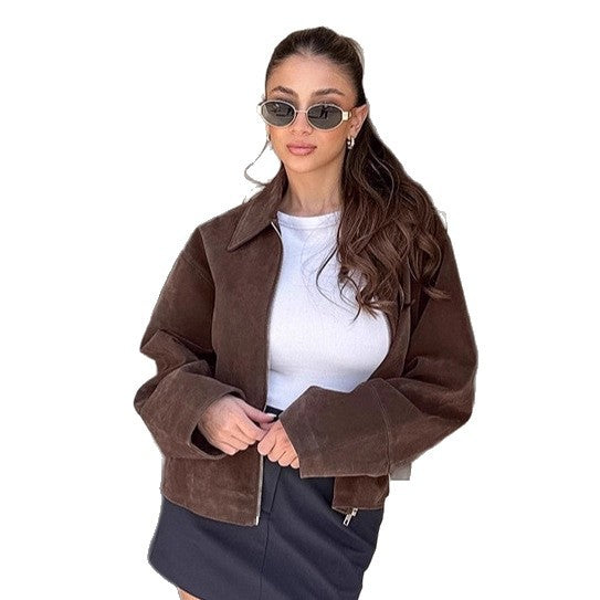 Vintage Mocha Brown Suede Jacket Women's Loose Notched Lapel Design Sense Ladies' Outerwear
