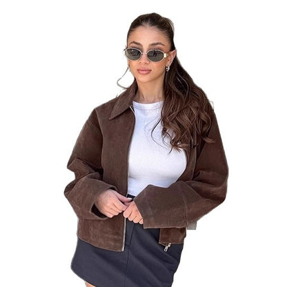 Vintage Mocha Brown Suede Jacket Women's Loose Notched Lapel Design Sense Ladies' Outerwear