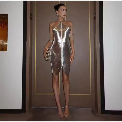 Shiny Metallic Halter Slim Mini Dress For Women Female Sleeveless Backless Bodycon Vestidos Ladies Party Club Evening Robes