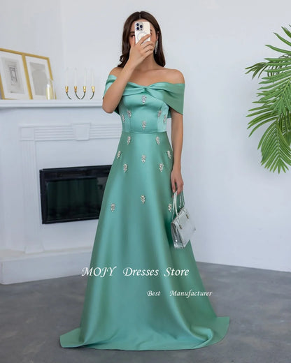 Mojy Royal Blue Off Shoulder luxurious women's Evening Dresses With Beads 2025 Aline Women Dubai Party Long Dress Customized