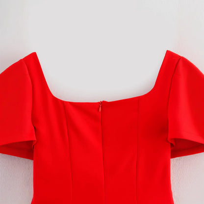Ladies' fashionable temperament socialite style clean color square neck dress
