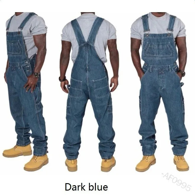 Men Denim Overalls Loose Fit Straight Leg Multiple Pockets Plus Size Casual Workwear Pants for Autumn Daily Streetwear