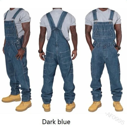 Men Denim Overalls Loose Fit Straight Leg Multiple Pockets Plus Size Casual Workwear Pants for Autumn Daily Streetwear