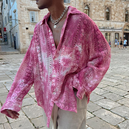 Casual Drapey Hollow Lace Shirt Men's Dress Shirt Men's Wear Summer Casual Fashion Trendy Top