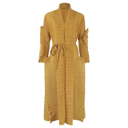 Spring And Summer Women's Catwalk Models Fungus Edge Long Sleeve Stitching Straps Pleated Dress