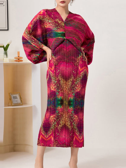 Pleated Print Midi Dress For Women Summer Batwing Sleeves Fashion Festival Clothing Ladies Elegant
