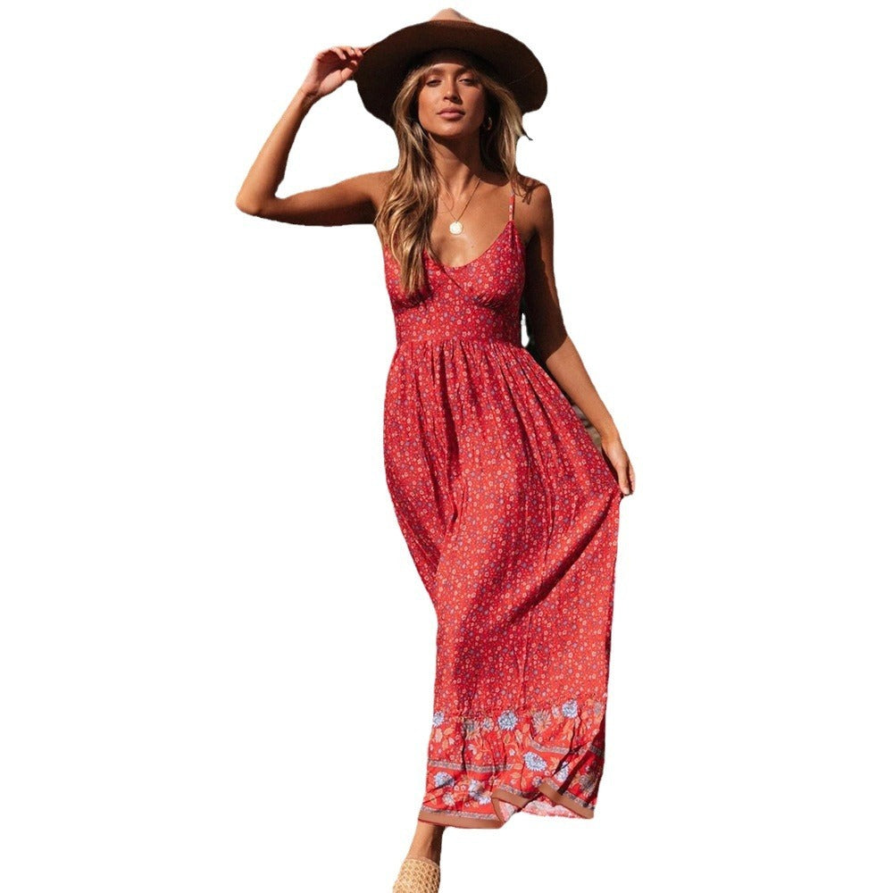 Summer Maxi Boho Dress Women Elegant Floral Dress Ladies Flower V-neck Sleeveless Strap Holiday Bohemian Dress
