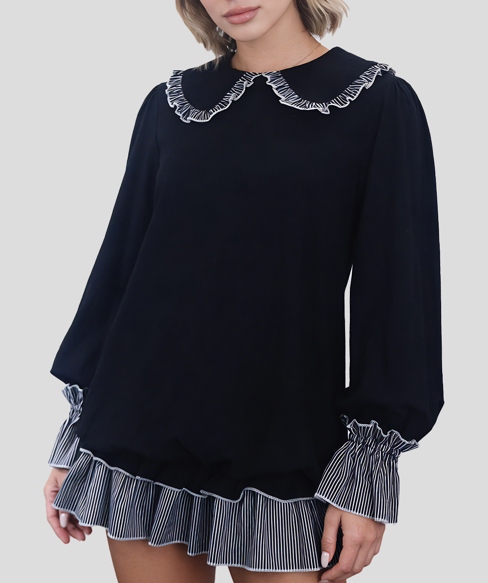 Women's fashionable black and white striped color-blocked dress with Peter Pan collar and open back