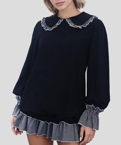 Women's fashionable black and white striped color-blocked dress with Peter Pan collar and open back