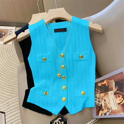 V-neck ice silk knitted vest women's summer new style French chic slim fit sleeveless top